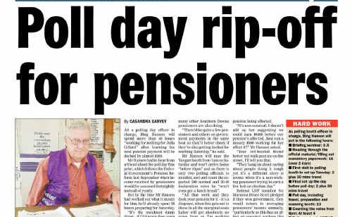 Federal Member for Maranoa Bruce Scott contacted the Daily News, disgusted Bing Hansen was removed from his polling day officer-in-charge position after appearing in the paper frustrated his pension payment would be docked for working on the day. Federal Member for Maranoa Bruce Scott contacted the Daily News, disgusted Bing Hansen was removed from his polling day officer-in-charge position after appearing in the paper frustrated his pension payment would be docked for working on the day.
